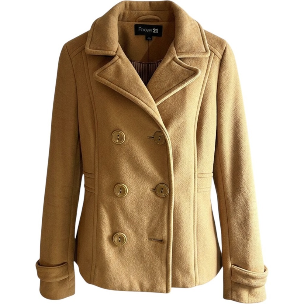 Forever 21 Womens Camel Tan Double Breasted Pea Coat Jacket Size Medium Striped